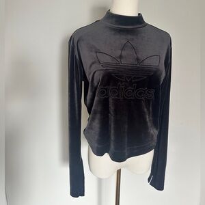Adidas cropped bell sleeve velour top with embroidered logo dark grey